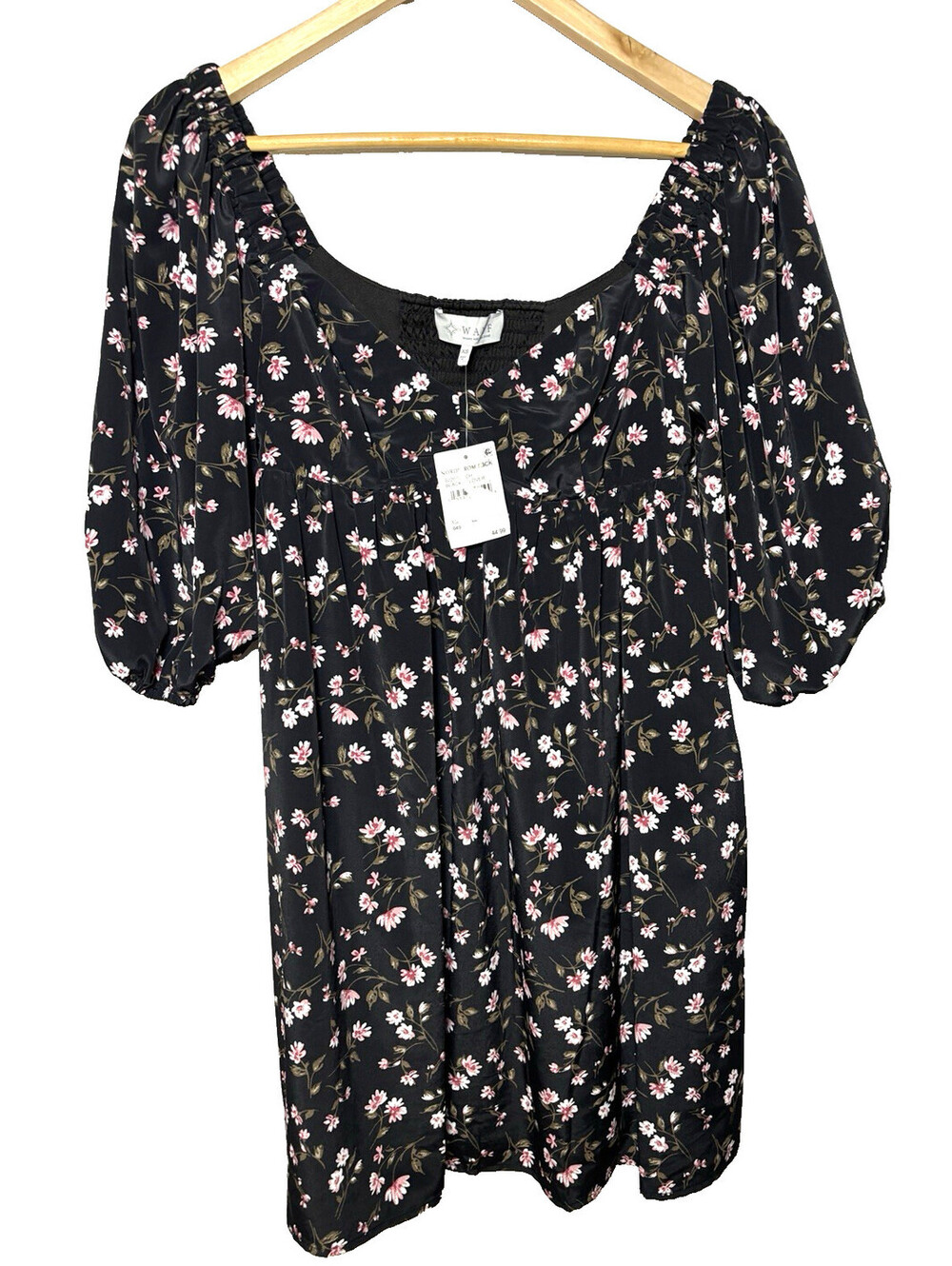 WAYF Pink Black Floral Smocked Sweatheart Fit&Flare Lined Mini Dress NWT XS
